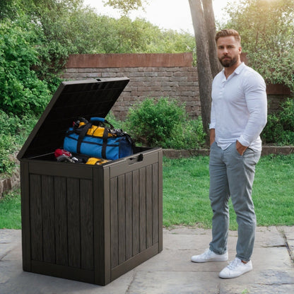 Outdoor Resin-Style Deck Box in 35- or 45-Gallon Sizes with Lockable Lid, Side Handles and Two Colors