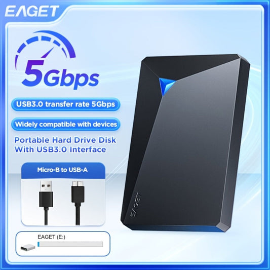 Portable USB 3.0 Hard Drive with 250GB or 320GB Capacity, Black EAGET G20 Enclosure and Micro-B Connector