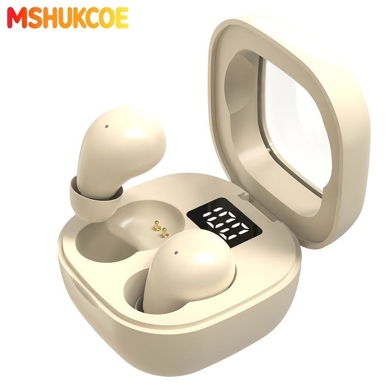 Wireless Earbuds MSHUKCOE Ultra-Thin Sleep and Game Modes with Compact Case in Khaki or White