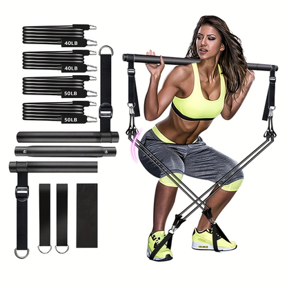 3-Section Pilates Bar Kit – 4 TPE Resistance Bands (40-50 lbs), 2 Ankle Straps & Storage Bag for Legs, Hips
