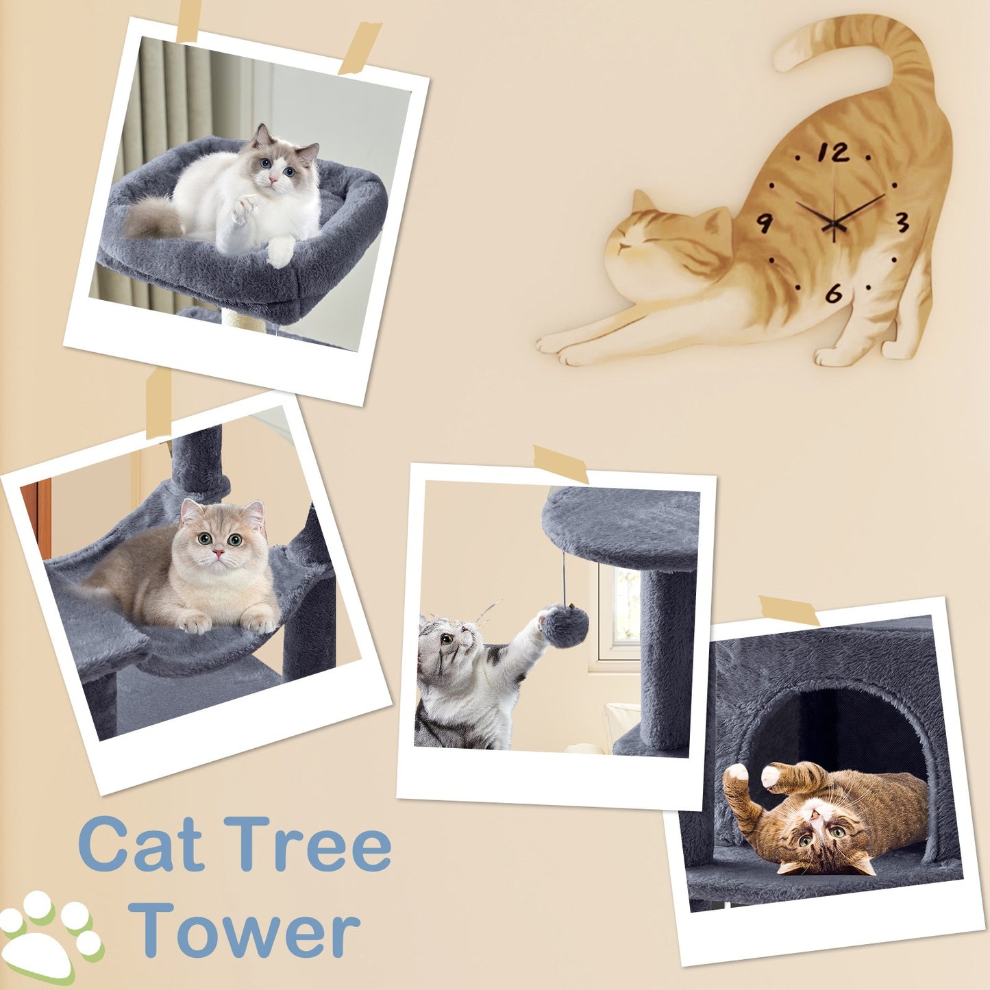 44-Inch Cat Tree Tower with Condo & Hammock – Multi-Level Indoor Cat Tree with Natural Sisal Scratching Posts