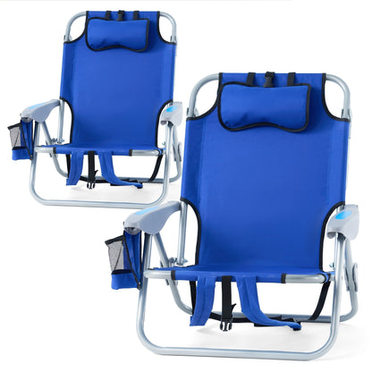 Folding Beach Chair Lay Flat Camping Chair for Adults 4 Position Adjustable Backpack Chair with Cup Holder Towel Bar Cooler Pouch