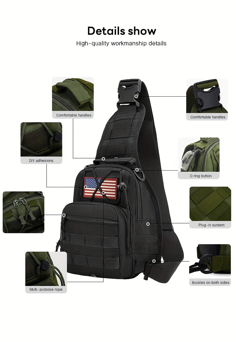 Compact Tactical Sling Backpack with Flag-Patch and Camo Options across Six Complete Checkout Styles