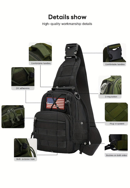 Compact Tactical Sling Backpack with Flag-Patch and Camo Options across Six Complete Checkout Styles