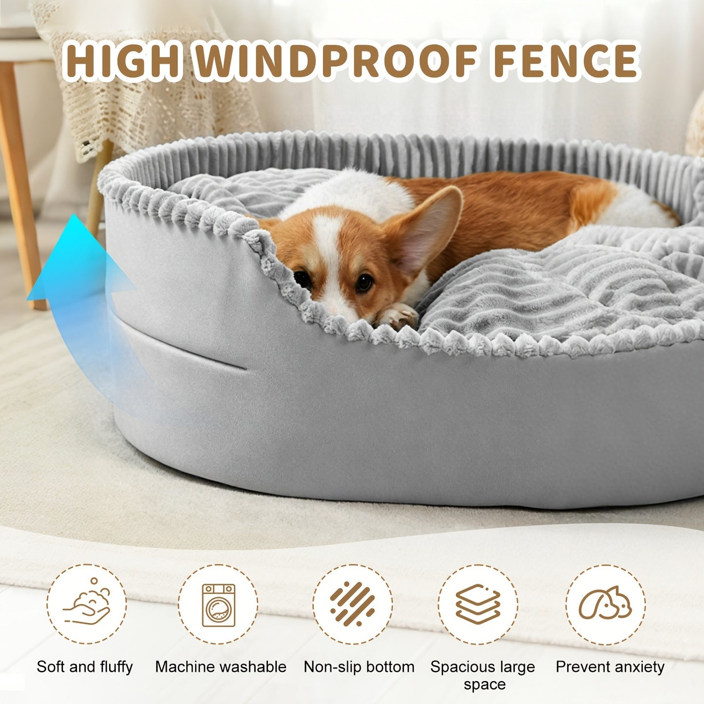 Furry Round Pet Bed for Dogs & Cats – Soft Warm Washable Dog Bed with Anti-Slip Base, Foldable Breathable Plush Cat Bed Mattress