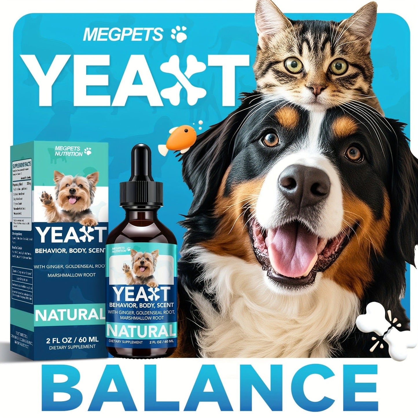 60 mL Pet Supplement Drops for Dogs and Cats in One-, Two- or Three-Bottle Checkout Pack Options