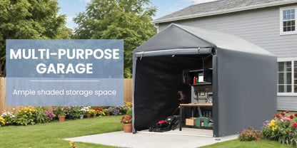 Portable PE-Tarpaulin Outdoor Storage Shelter with Steel Frame in 5 x 7.2 Ft or 6.3 x 8 Ft Sizes