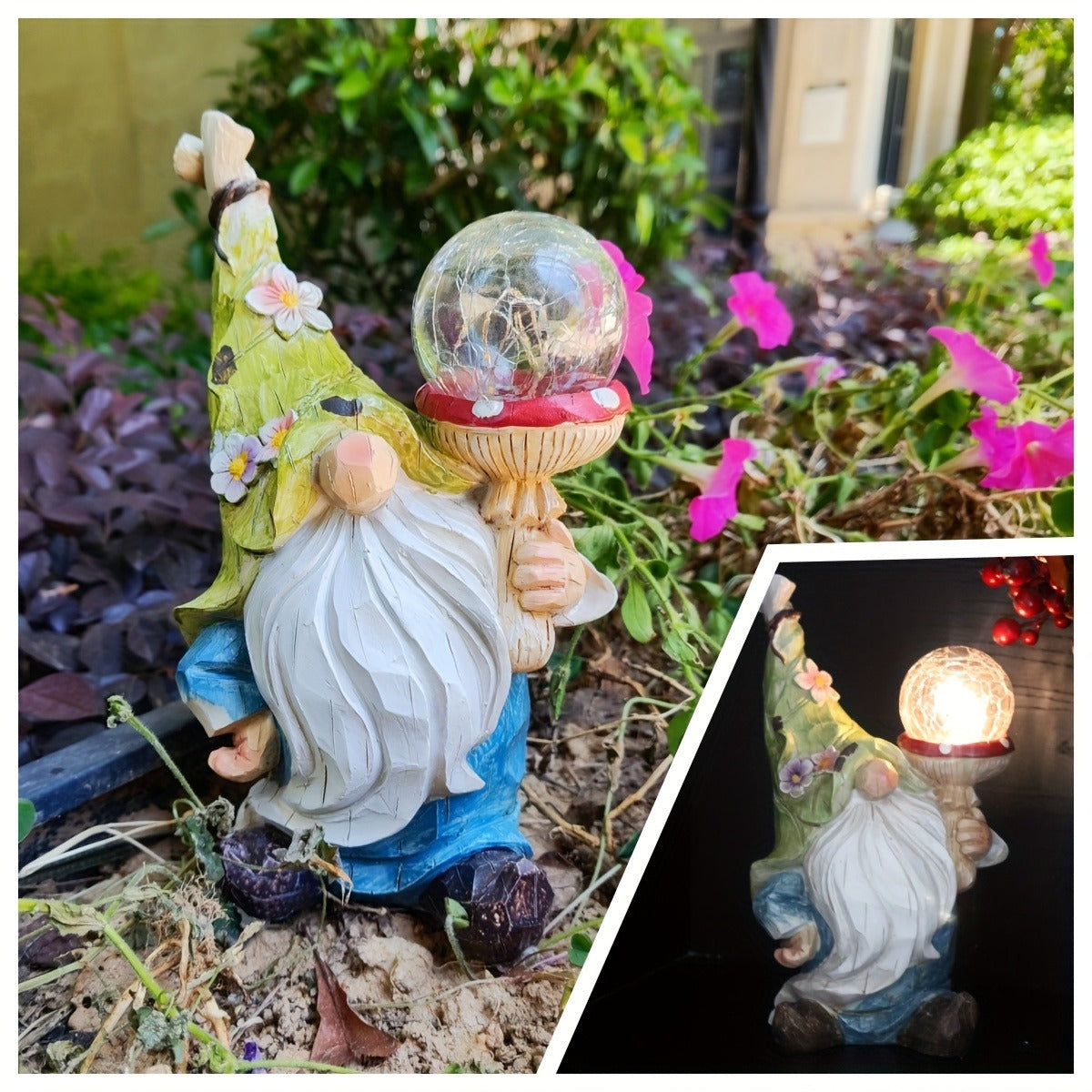 Solar Garden Gnome Statue with LED Magical Ball Light Outdoor Resin Dwarf Sculpture IP44 Waterproof Spring Yard Patio Decor Housewarming