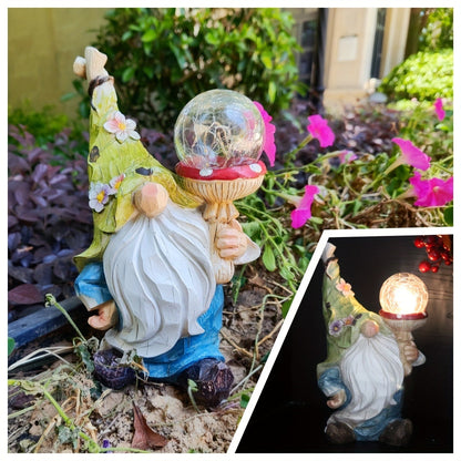 Solar Garden Gnome Statue with LED Magical Ball Light Outdoor Resin Dwarf Sculpture IP44 Waterproof Spring Yard Patio Decor Housewarming