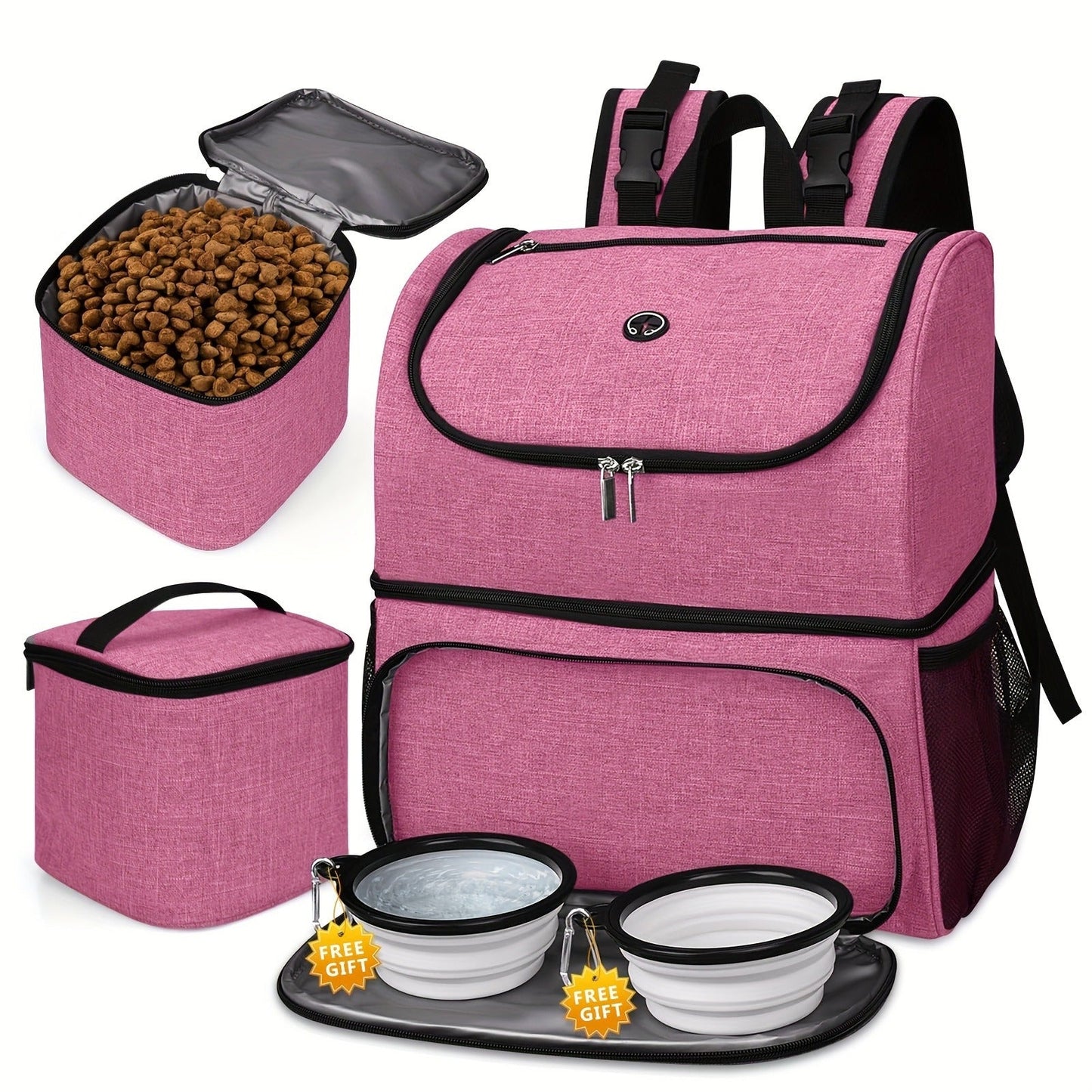 Pet Travel Backpack Double Layer Dog Cat Supplies Bag with 2 Collapsible Bowls 2 Food Baskets Portable Organizer for Outdoor Hiking Camping