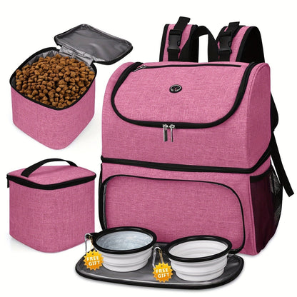 Pet Travel Backpack Double Layer Dog Cat Supplies Bag with 2 Collapsible Bowls 2 Food Baskets Portable Organizer for Outdoor Hiking Camping