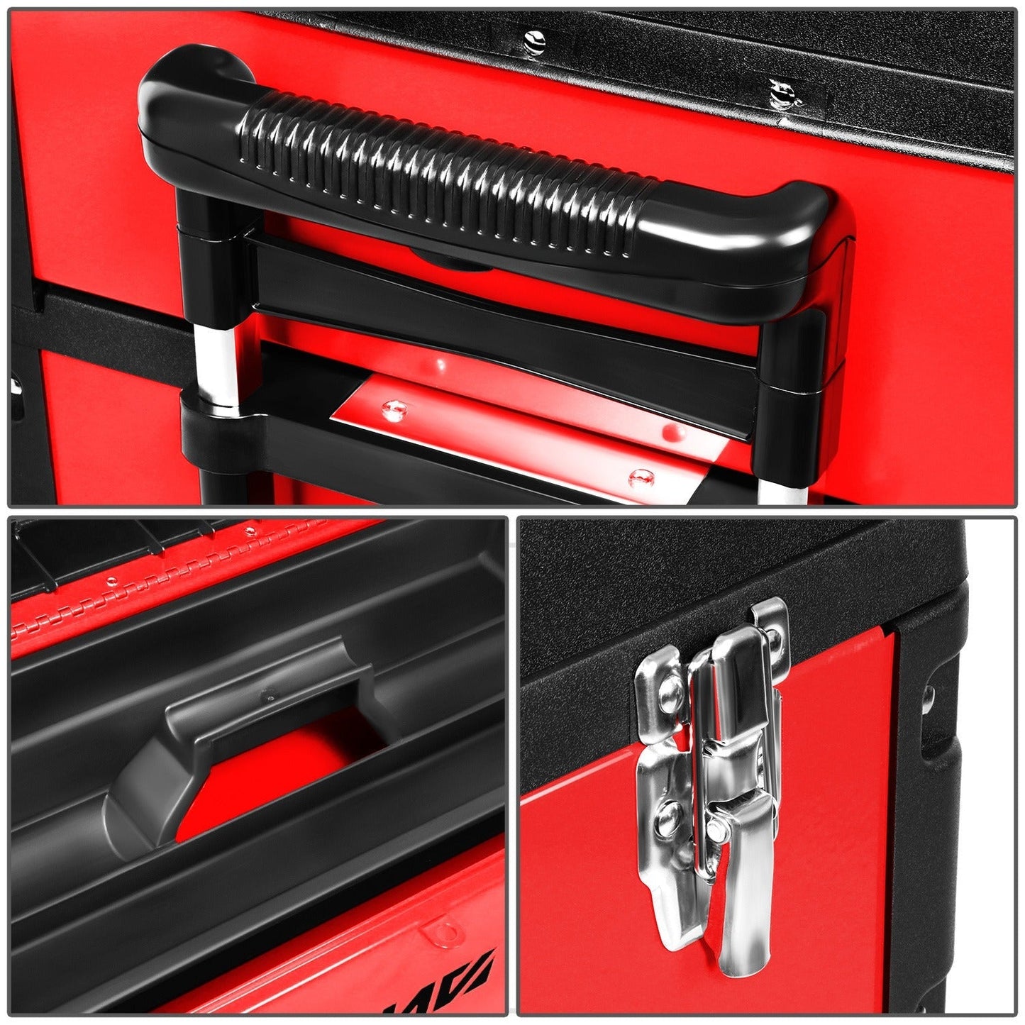 Rolling Tool Box 3-Tier Stackable Portable Toolbox with Wheels 19.5x12x28.5 Inch Steel PP 3-in-1 Detachable Compartments Metal Latches