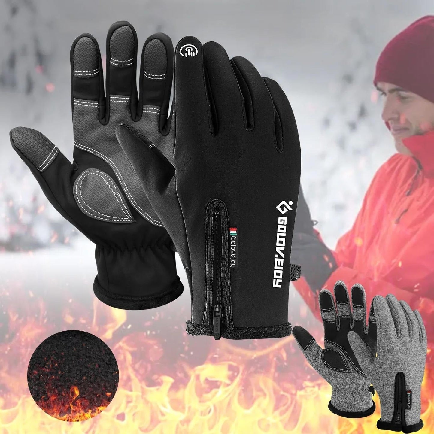 Two-Pair Full-Finger Winter Gloves in Black or Gray with Complete S, M, L, XL and XXL Size Grid