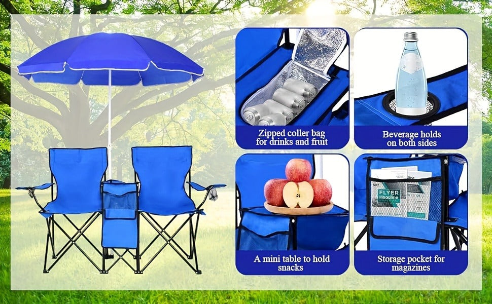 Folding Picnic Chair Set for 2, Umbrella, Cooler Bag & Table, 600 Lbs Capacity, Portable, for Camping, Travel and Outdoor Use