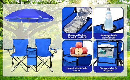Folding Picnic Chair Set for 2, Umbrella, Cooler Bag & Table, 600 Lbs Capacity, Portable, for Camping, Travel and Outdoor Use