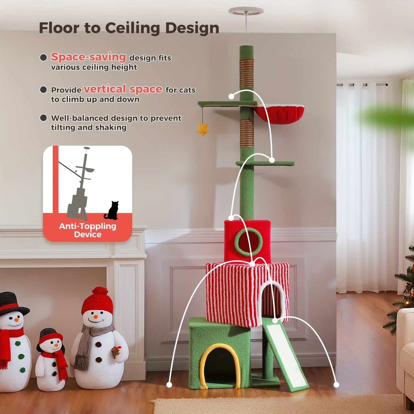 Floor to Ceiling Cat Tree Tower 90–107" – 4-Tier Tall Adjustable Cat Climbing Post with Tension Rod | Ceiling-Mounted Stable Cat Activity