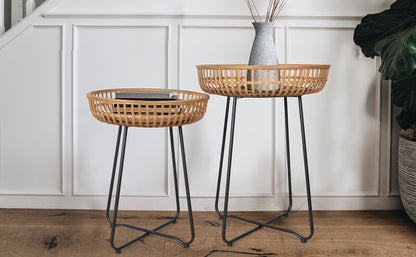 Side Table Rattan Collection with Bamboo-Woven Tops, Metal Bases and 18- or 20.4-Inch Options