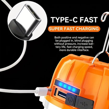 Orange Hanging Camping Lantern with Three Brightness Settings, Type-C Charging Port and Integrated Hook