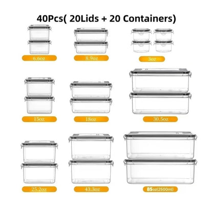Food Storage Containers with Lids, Set with 12, 20 or 24 Clear Boxes, Locking Lids and Microwave, Dishwasher and Freezer Use
