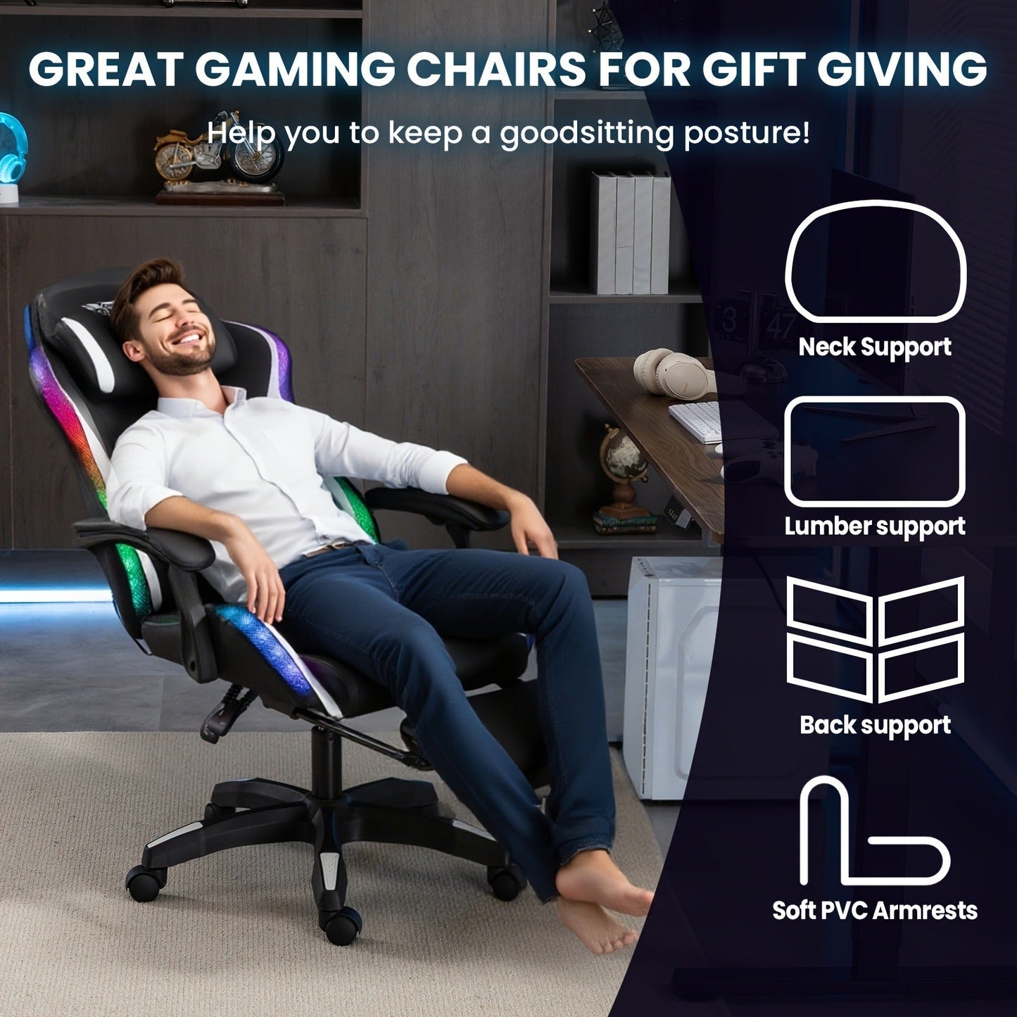 RGB Gaming Chair with LED Lights Footrest Ergonomic Gaming Chair with Massage Lumbar Support Reclining Video Game Chair for Adults Home