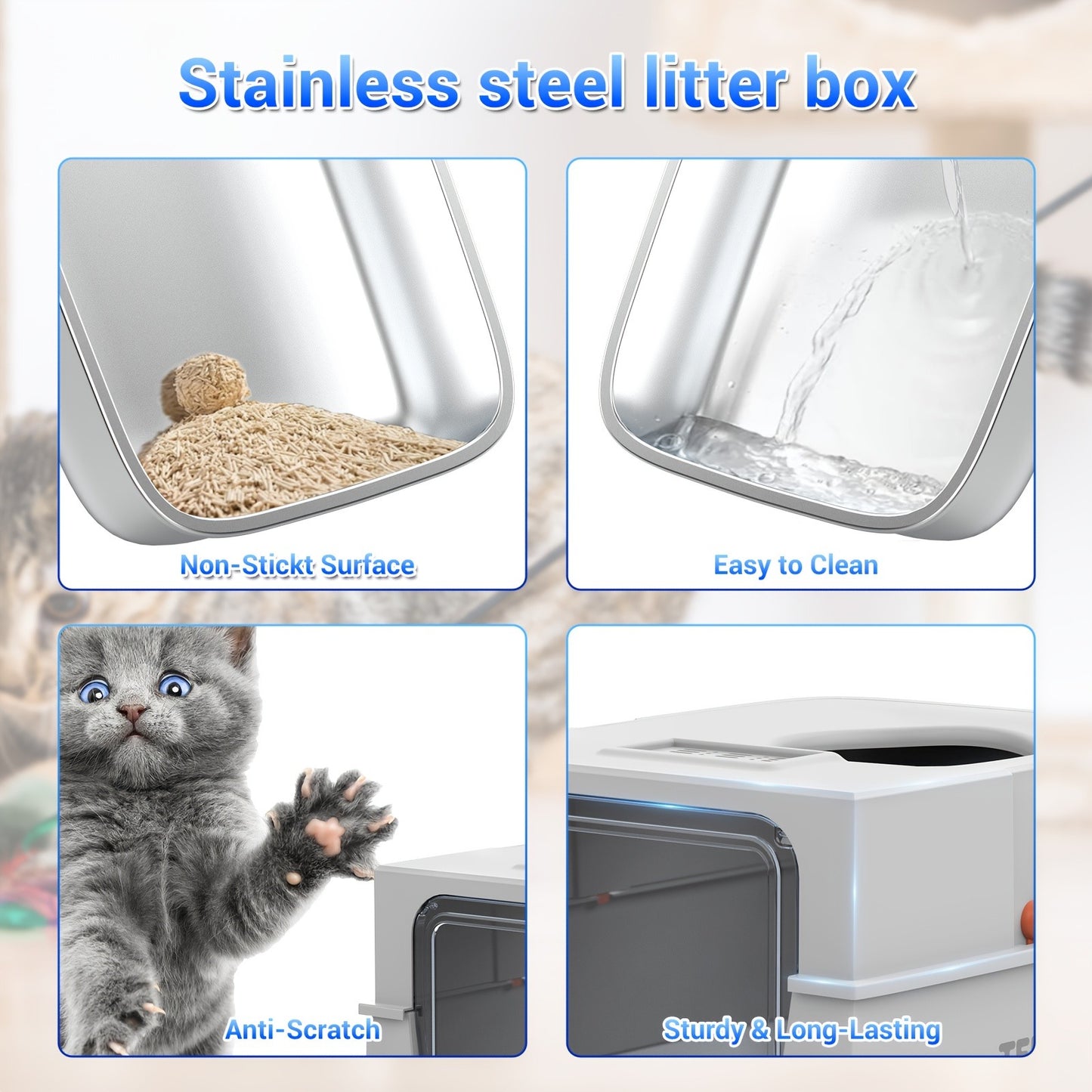 Stainless Steel Cat Litter Box with Lid – Extra Large 68L Enclosed & Semi-Open Modular System, 304 Steel Non-Stick Easy Clean
