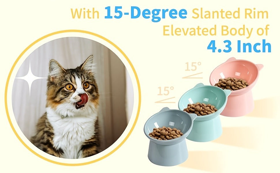 Cat Ear Shaped Raised Cat Bowls Set of 3 – Elevated Feeder Anti-Slip Base Neck Comfort Design, Pink Green Blue Feeding Dish for Cats