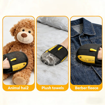 Reusable Fabric Pet Hair Removal Mitt Set with Four Black Mitts and Yellow Hand Straps for Upholstery