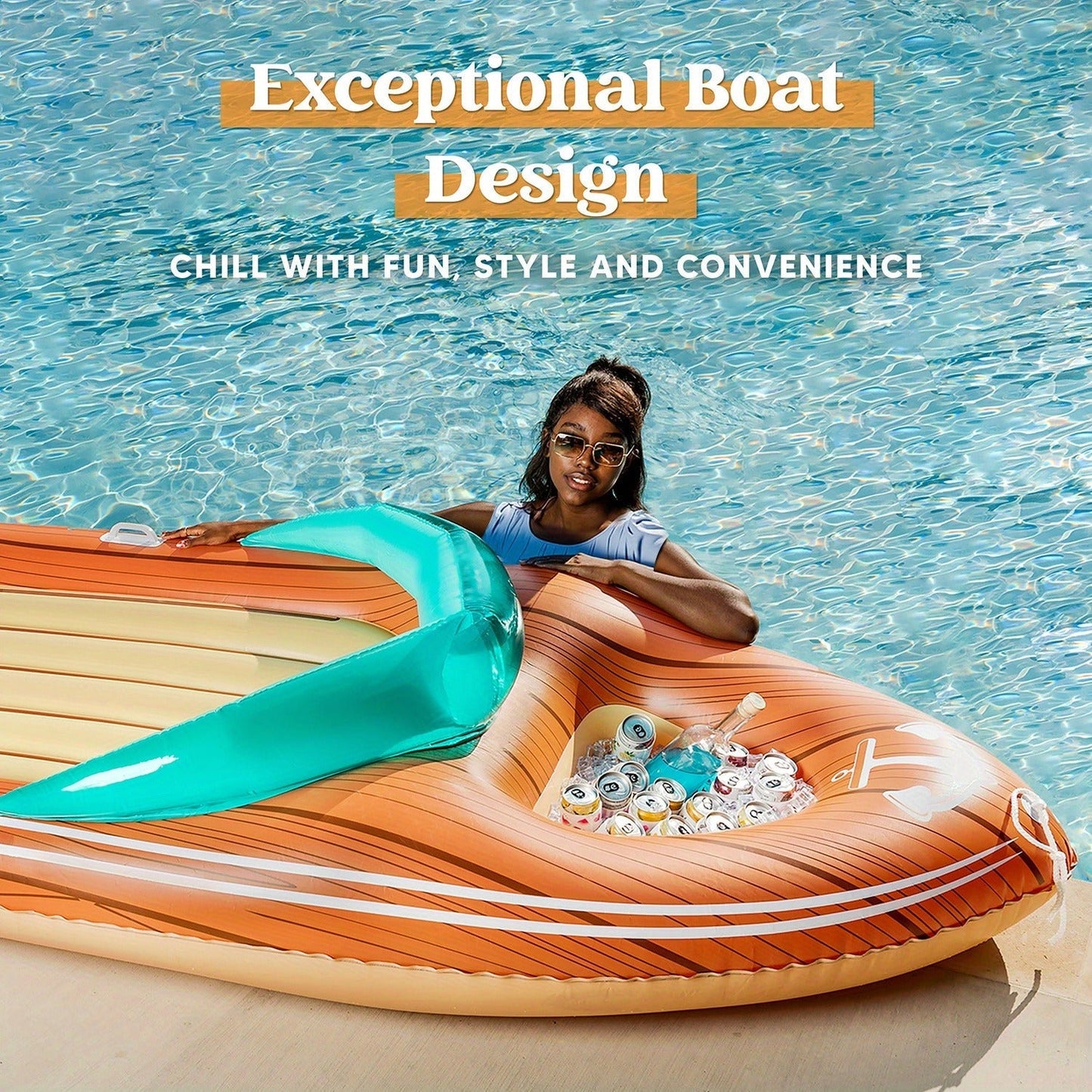 Pool Float Boat-Shaped Two-Person Raft, Over Eight Feet with Built-In Cooler, Two Handles and Tow Point