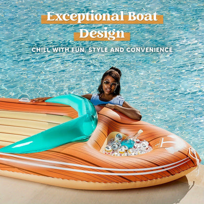 Pool Float Boat-Shaped Two-Person Raft, Over Eight Feet with Built-In Cooler, Two Handles and Tow Point