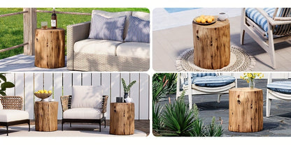 Outdoor Side Table Faux Wood Tree-Stump Design in Magnesia with Cylindrical Form and Brown Finish