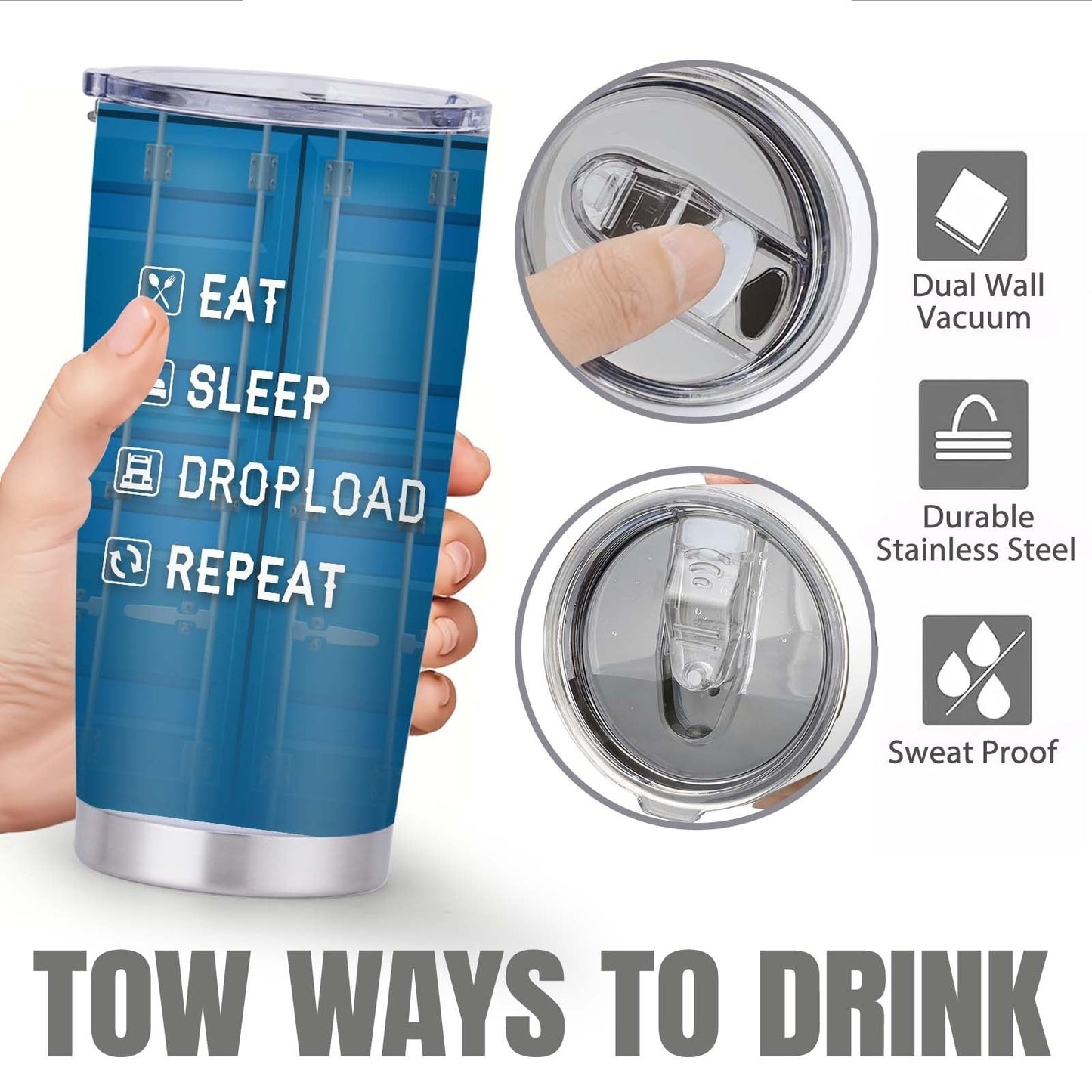 Truck Driver Graphic 20oz Stainless Steel Tumbler with Clear Lid and Blue Printed Finish for Daily Carry