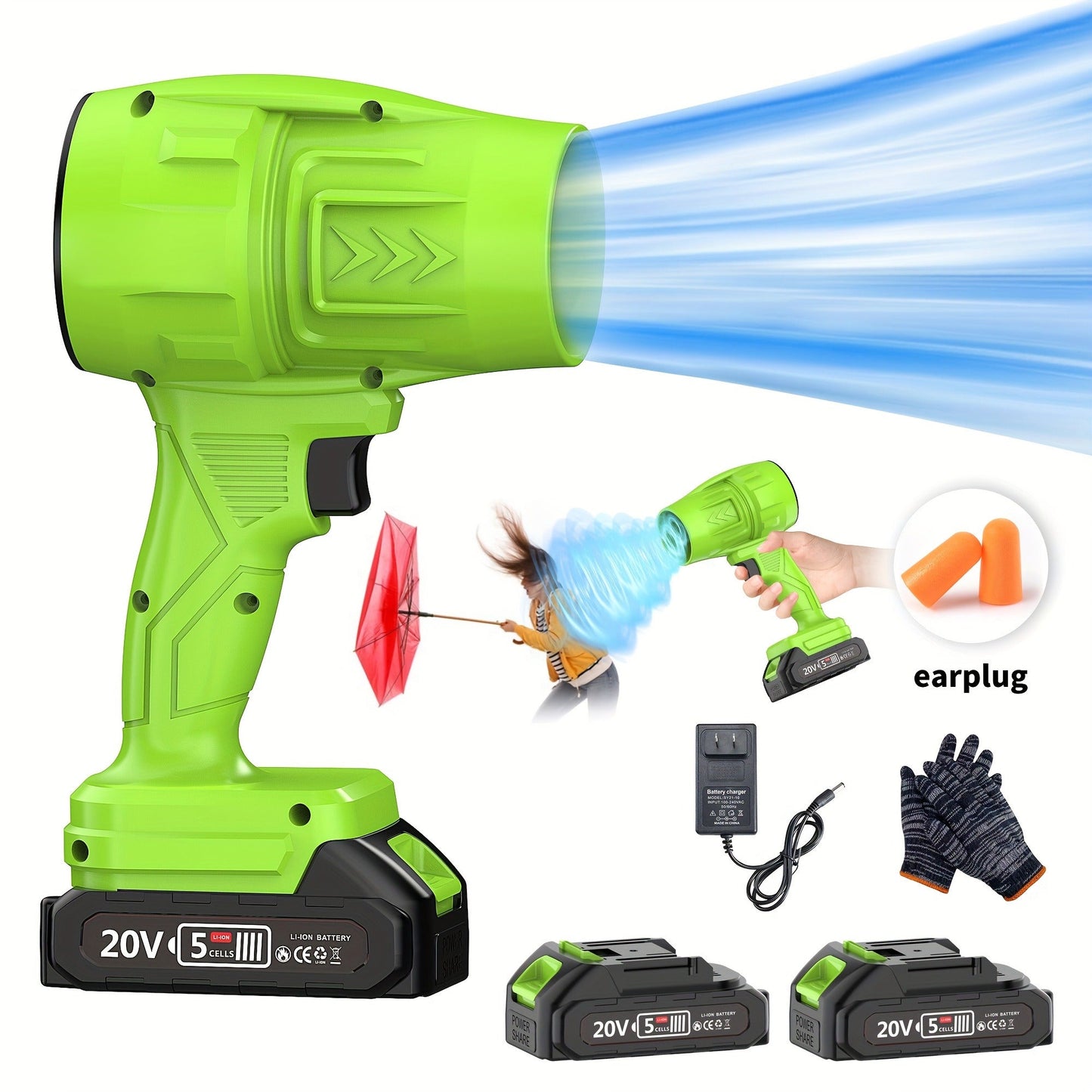 20V Cordless Leaf Blower with 50, 000 RPM Marking, Yellow or Green Body and Six Dual-Battery Package Options
