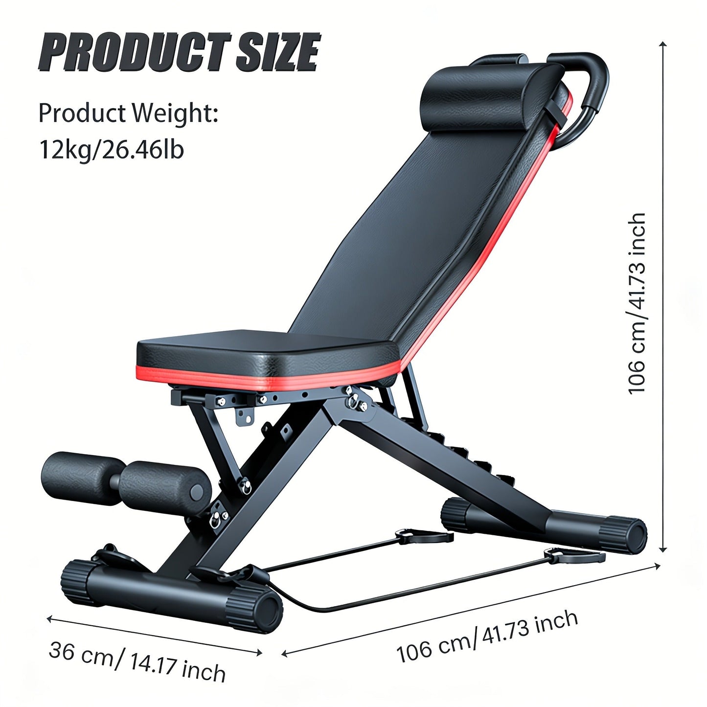 Foldable Adjustable Workout Bench with Black-and-Red Padding, Preacher Curl Pad, Leg Rollers and Resistance Bands