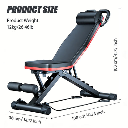 Foldable Adjustable Workout Bench with Black-and-Red Padding, Preacher Curl Pad, Leg Rollers and Resistance Bands