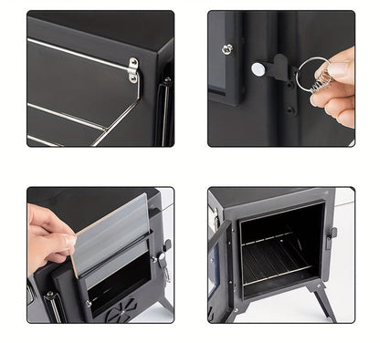 Portable Wood Stove with Chimney Pipe Set, Folding Legs, Side Shelves and Silver or Black Finish Options