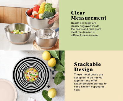Stainless Steel Mixing Bowls Set with Airtight Lids 7 Piece, Stackable Nesting Bowls with Measuring Spoons Whisk Spatula Tongs Basting