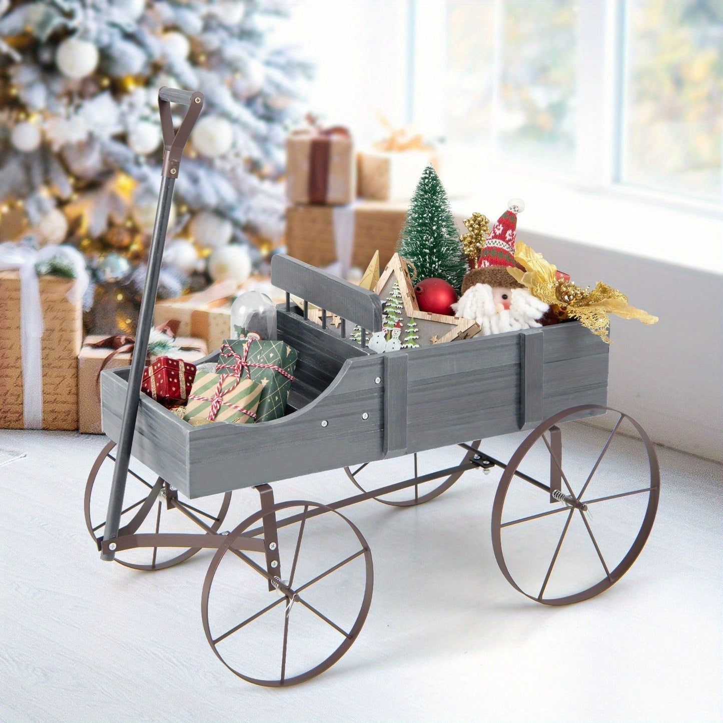 Wooden Flower Stand with 4 Wheels, Rolling Plant Trolley for Garden, Balcony & Terrace, for Garden, Patio and Yard Use