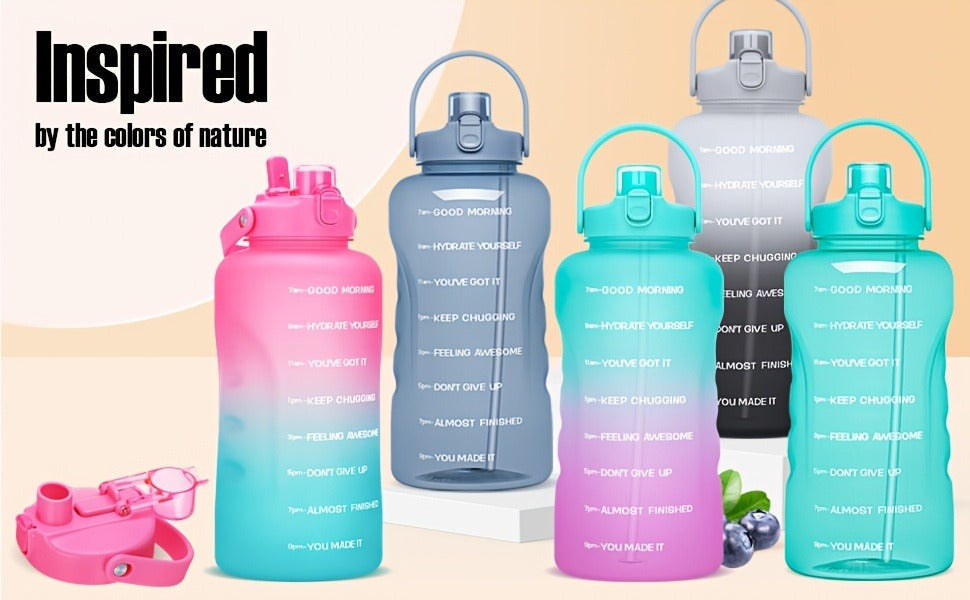 128oz Water Bottle Jug with Time Markers, Handled Flip-Top Straw Lid and Seven Color Treatments