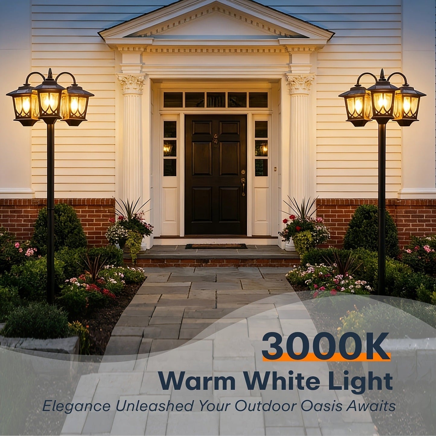 Three-Head Solar Lamp Post, Up to 73 Inches with Four Height Settings and 3000K Light Label