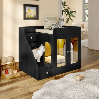Cat Litter Box Enclosure Furniture Hidden Cabinet with LED Light & 2 Drawers – MDF Indoor Cat House Side Table with Acrylic Door