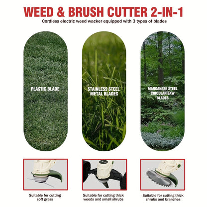 Weed Wacker Cordless 24V Brush Cutter, Electric String Trimmer with 2 Batteries & Charger, 3 Blade Types