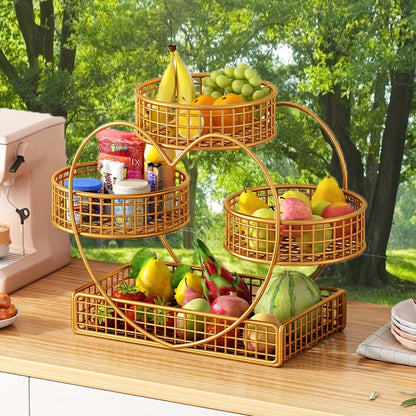 Three-Tier Gold-Tone Wire Fruit Basket with Three Round Bowls and Rectangular Countertop Base
