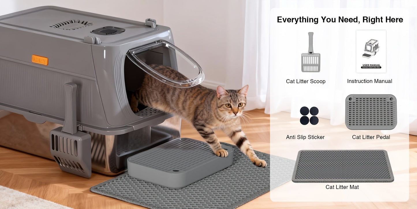 CITYLIFE Cat Litter Box with Stainless Steel Basin, Removable Enclosure, Flap Door, Top Entry, Step and Mat