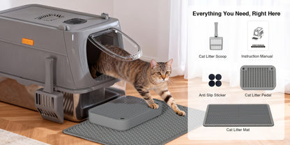 CITYLIFE Cat Litter Box with Stainless Steel Basin, Removable Enclosure, Flap Door, Top Entry, Step and Mat