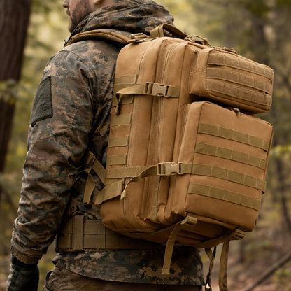 45L-Labeled Tactical Backpack with Front Utility Pockets and Black, Green, Khaki or Purple Options