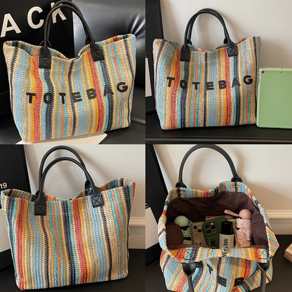 Straw Tote Bag for Women Large Capacity Bohemian Hand-Woven Striped Beach Bag Summer Vacation Shoulder Bag Colorful Letter Pattern