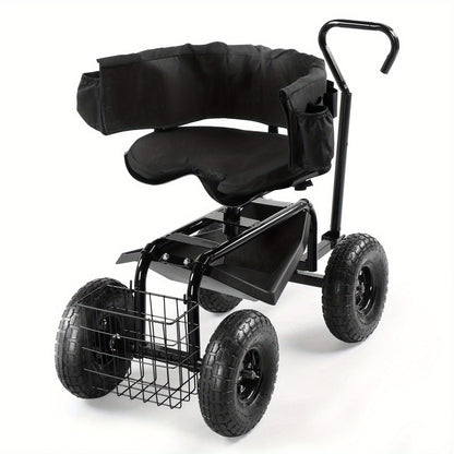 Rolling Garden Seat Cart, Backrest, Cushion, Telescopic Handle & Storage Basket, Steel Frame