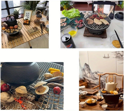 10.6-Inch Round Charcoal Grill Set with Cast-Iron Body, Cooking Grid, Wooden Base and Tongs