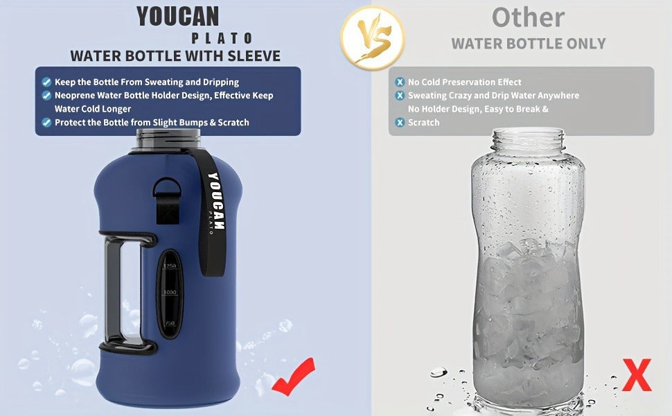 Half Gallon Water Bottle 74oz with Insulated Sleeve, Straw & Time Marker – BPA Free Leakproof Large Sports Jug with Carrying Handle & Strap