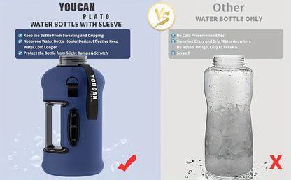 Half Gallon Water Bottle 74oz with Insulated Sleeve, Straw & Time Marker – BPA Free Leakproof Large Sports Jug with Carrying Handle & Strap